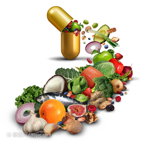 天然营养补充剂维生素药物种开放的药丸,水果,蔬菜,坚果豆类营养产品,以及健康健身产品与三维插图元素