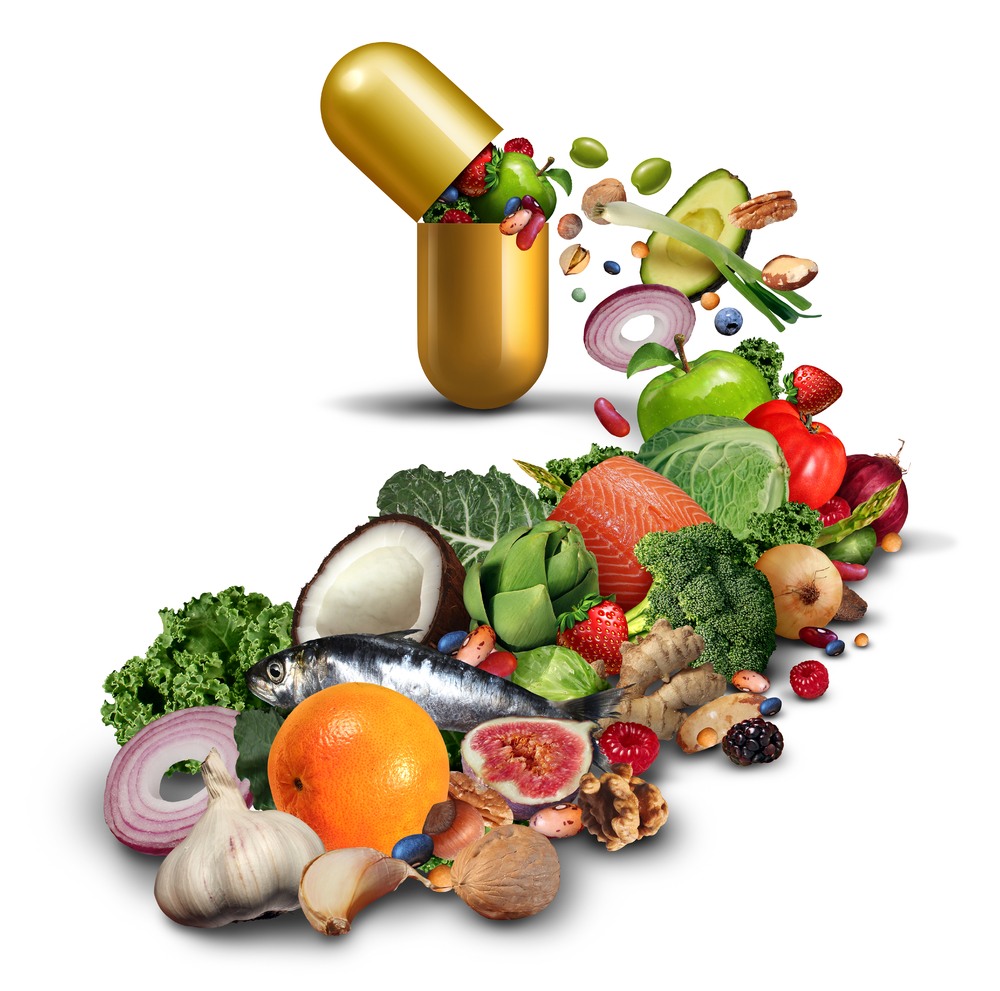 天然营养补充剂和维生素药物作为一种开放药丸在营养产品中加入水果蔬菜坚果和豆类作为具有3D插图元素的健康和健身产品